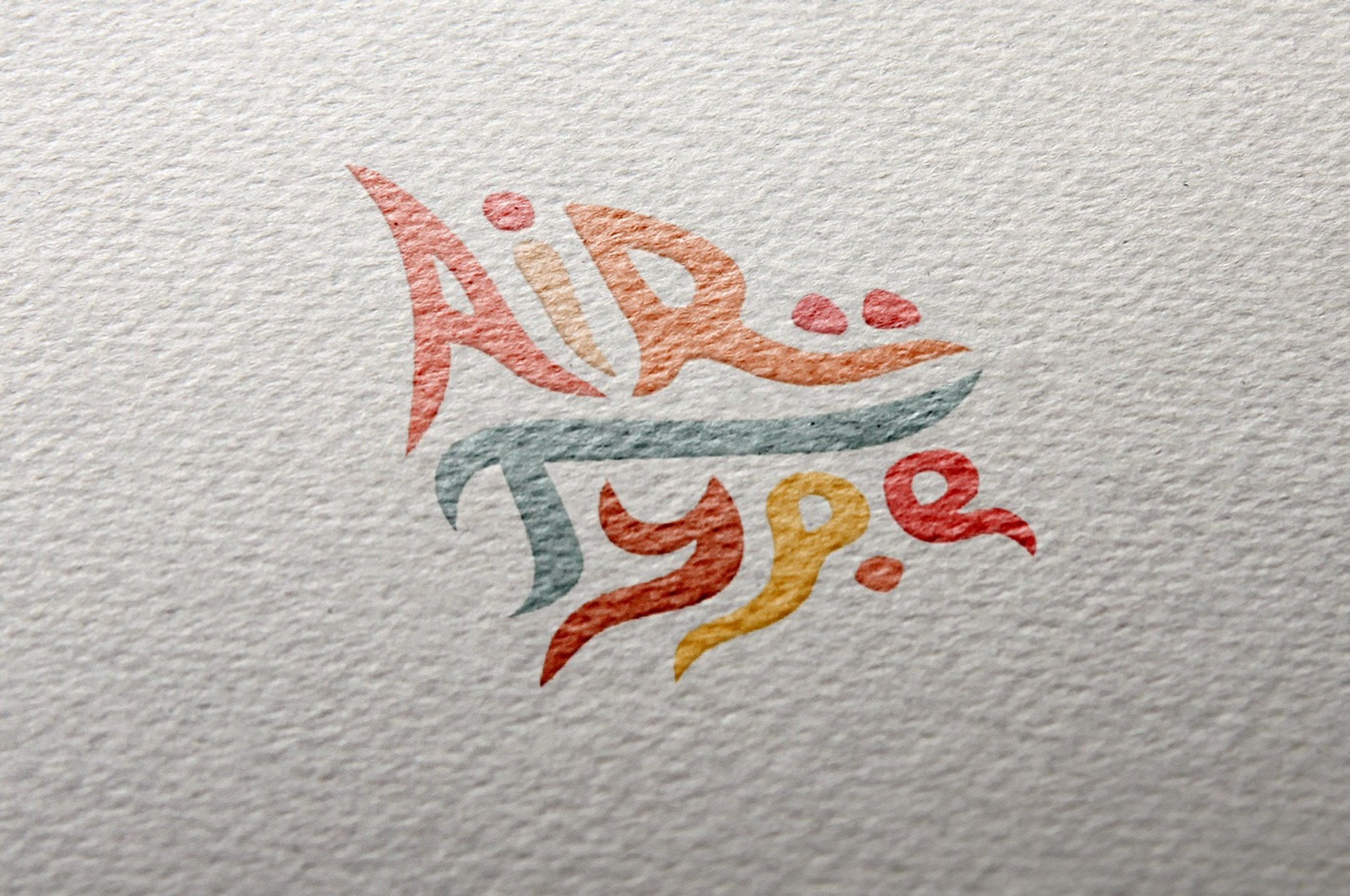 The AiRtype logo letterpressed into heavy textured paper, its Latin letters drawn to read as Persian calligraphy in coral, teal and ochre