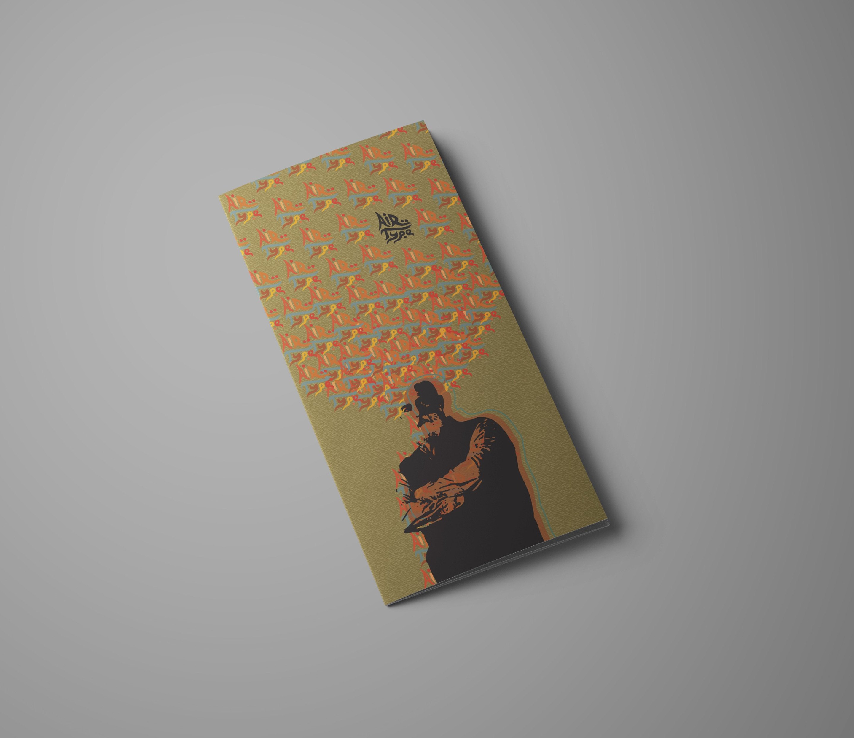The closed leave-behind: a tall olive-green folder scattered with coral brushmarks above a silhouetted portrait of Reza Abedini with folded arms