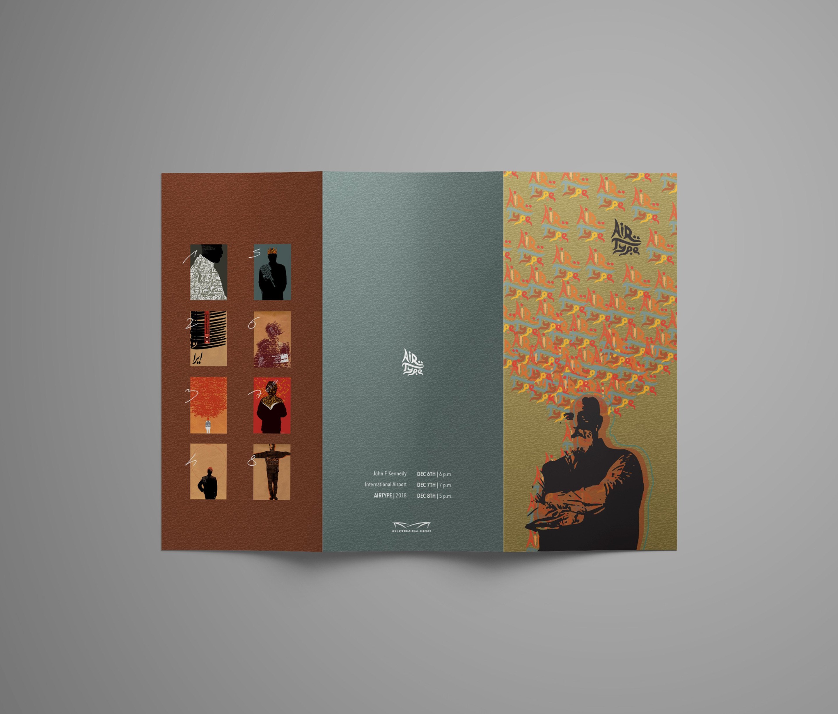 The leave-behind opened out to three panels: a grid of the exhibited works in a brown column on the left, the venue and dates in the sage centre panel, and the portrait on the right