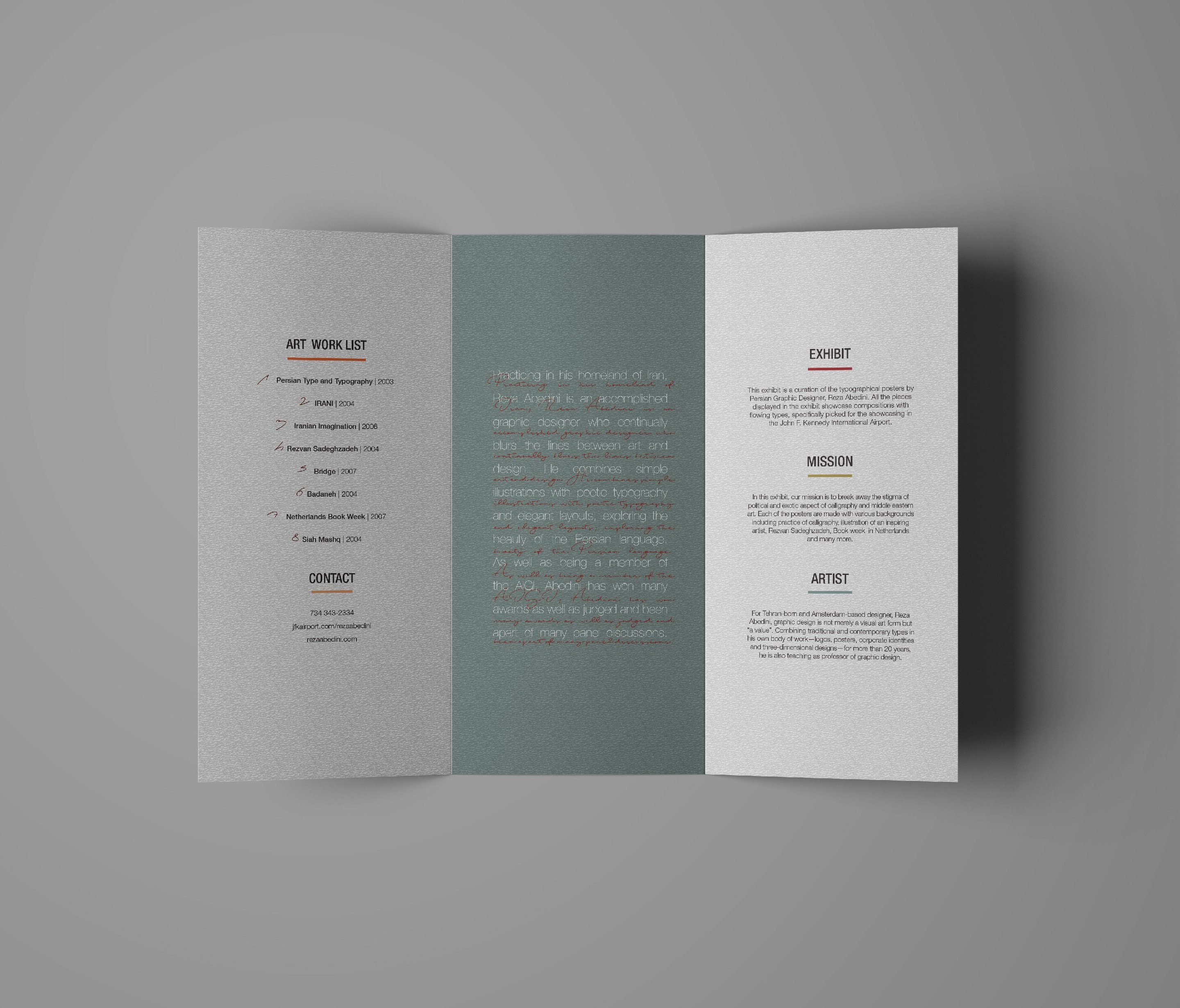 The reverse of the folded piece: the artwork list, mission statement and artist note set in three narrow columns across white and sage panels