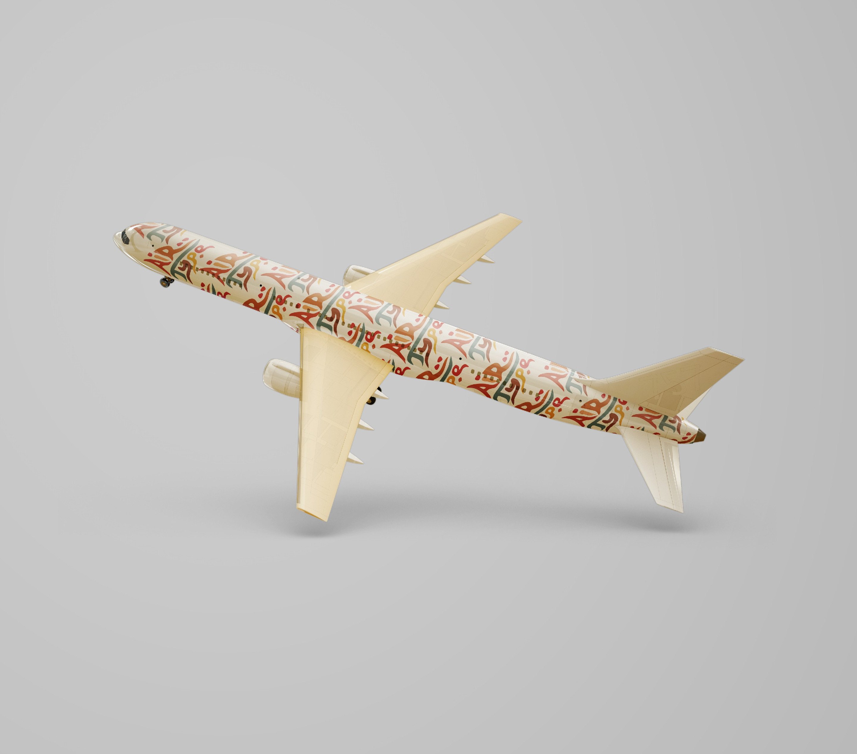 A model aeroplane, the AiRtype lettering repeated as a pattern in coral and ochre down the length of the fuselage