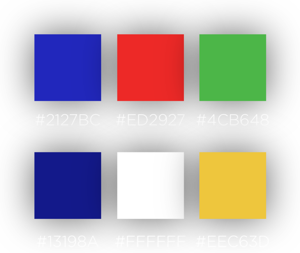 The ALO palette: #2127BC, #ED2927, #4CB648, #13198A, #FFFFFF and #EEC63D