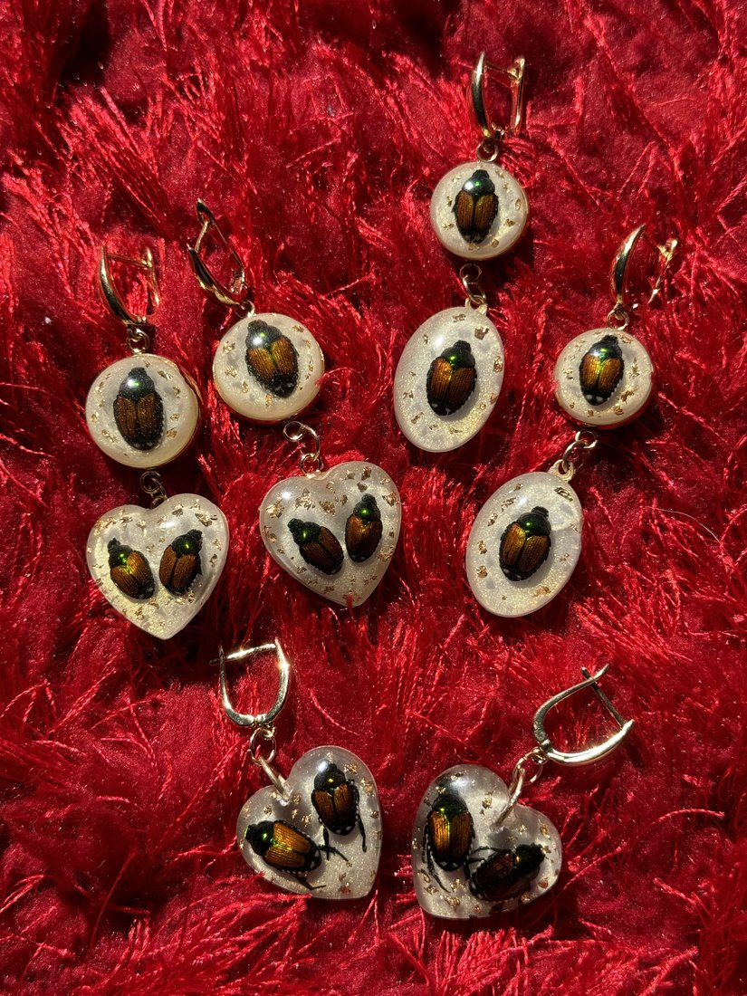 Beetle earrings and charms on red fur