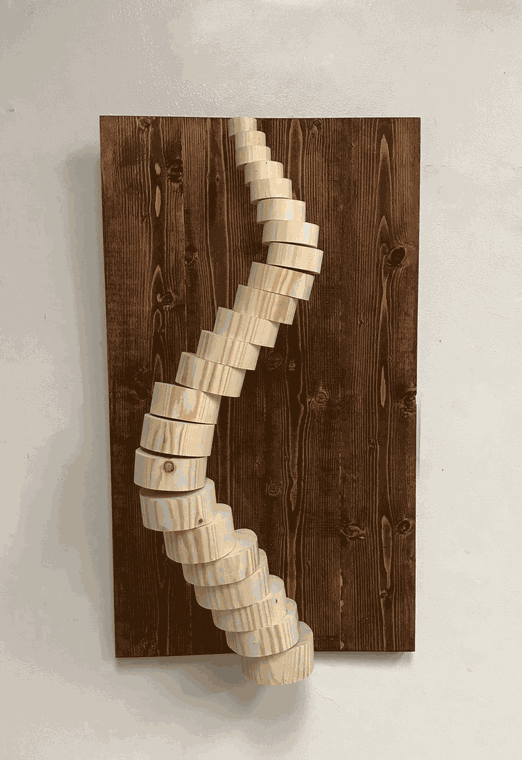 A carved wood wall piece, turning