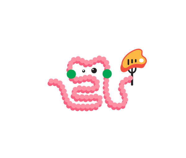 Final illustration: a pink gut character recoiling from a piece of meat.