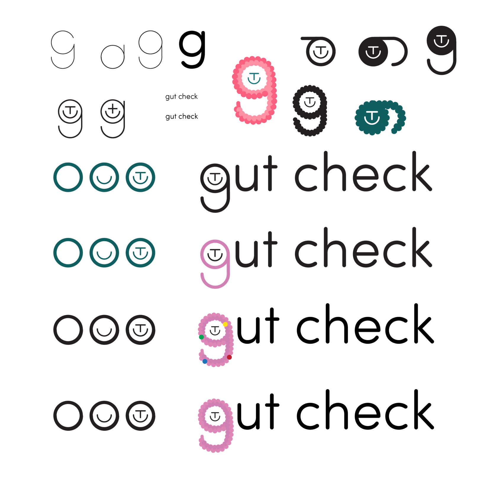 A sheet of logo studies: circles becoming faces, the scalloped gut outline in pink, teal and black, and four settings of the gut check wordmark.