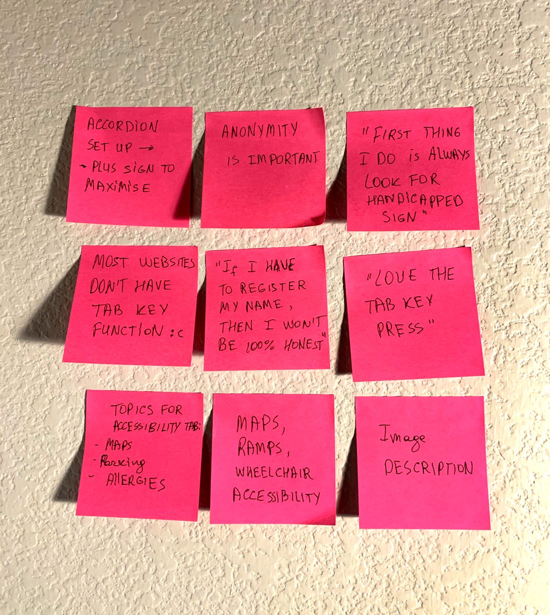 Nine pink sticky notes of keywords from the interview with Maria, covering navigation, image descriptions, wheelchair accessibility and map names.