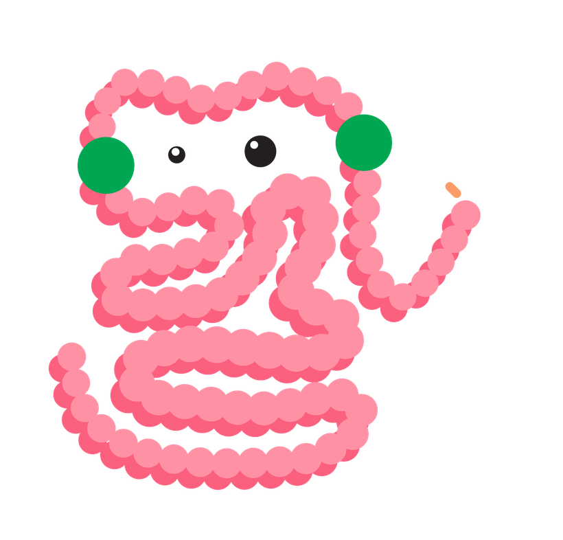 Illustration of a pink coiled gut character with green markers and a lit cigarette.