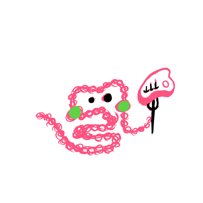 Procreate sketch of a pink gut character with green eyes beside a slice of meat.
