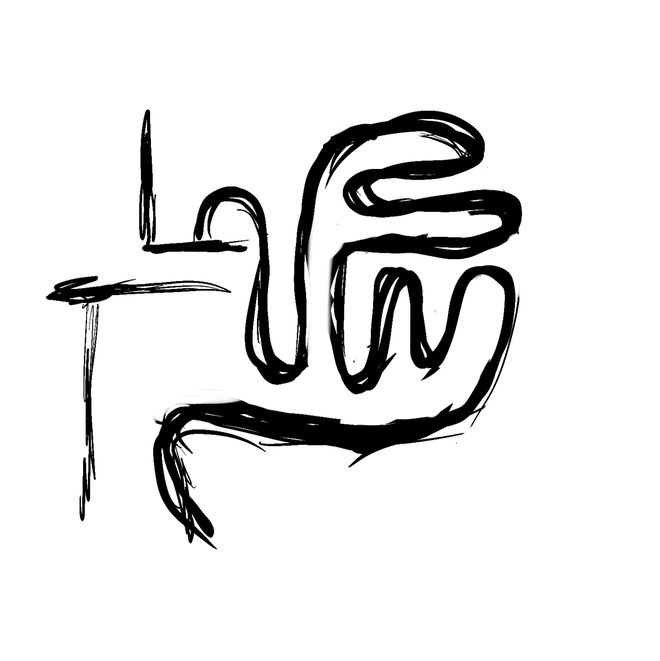 Procreate sketch working out the coiled gut shape in loose black line.