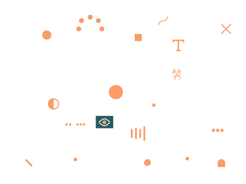 The icon set: stethoscope, accessibility, water drop, sun, moon, calendar, bookmark, search, settings, location pin, home and more, drawn in white with orange accents.