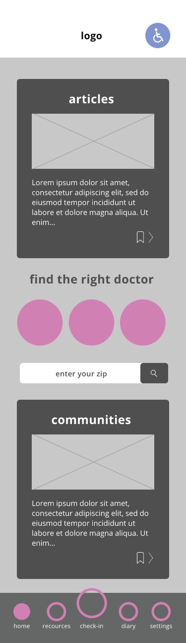 Low fidelity wireframe: app home page.