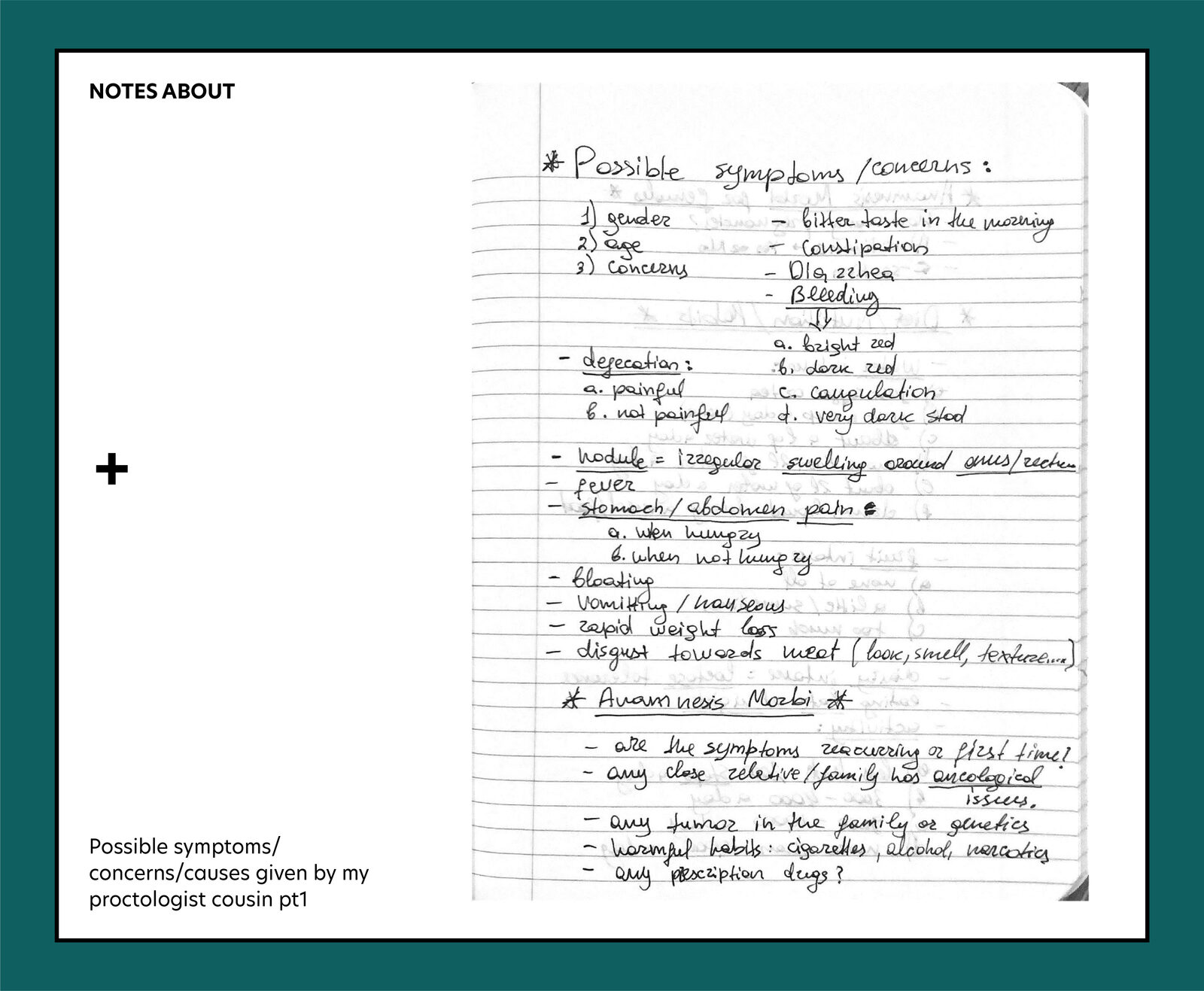 Notebook page of brainstorming with Dr. Khalilova on how proctologists screen patients.
