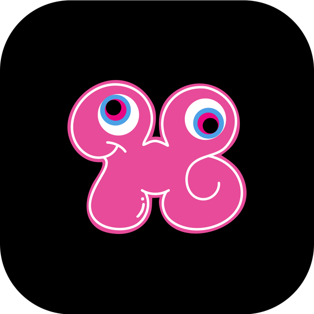 The final app icon: the simplified K+M monster in pink on black.