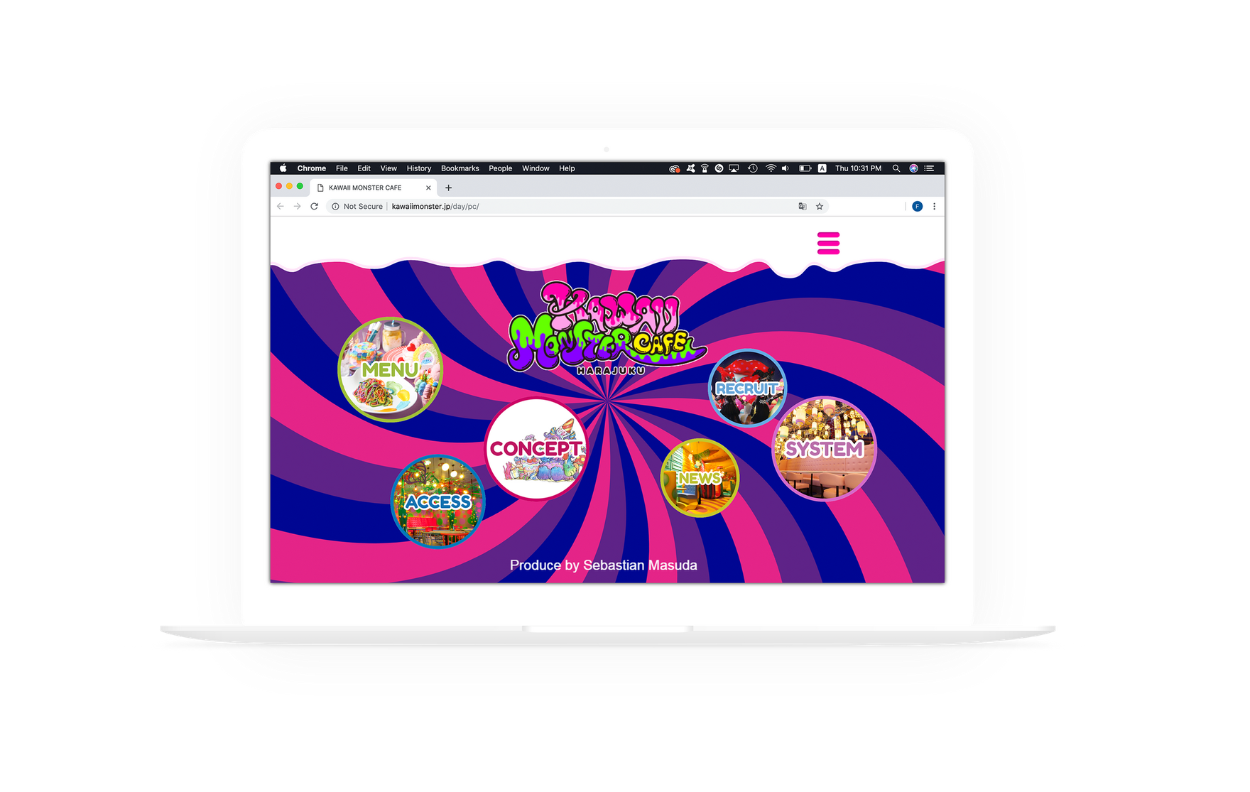 kawaiimonster.jp open in a laptop: a magenta and blue spiral behind circular photo buttons for MENU, CONCEPT, ACCESS, SHOP and SYSTEM.