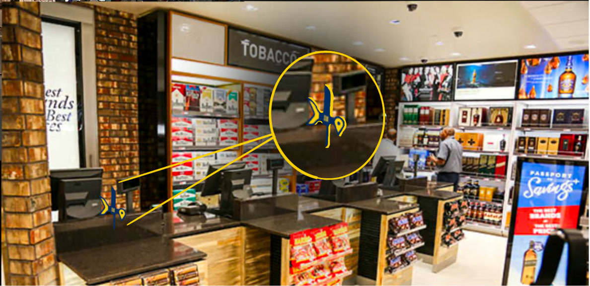 Render of a Kite scan station in a duty free shop