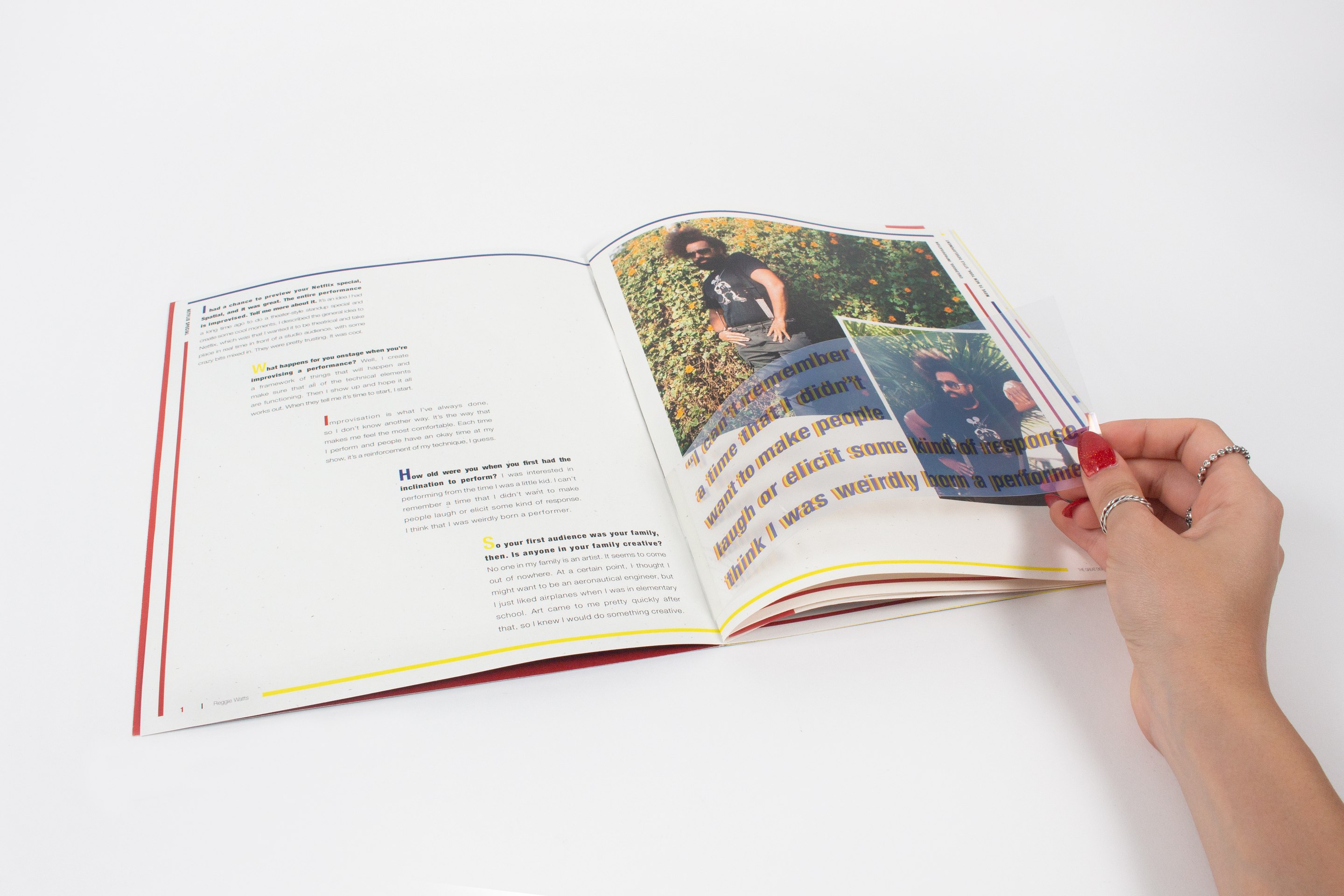 A detail of the opening spread, an oversized pull quote in yellow outlined type running across a photograph of Watts outdoors