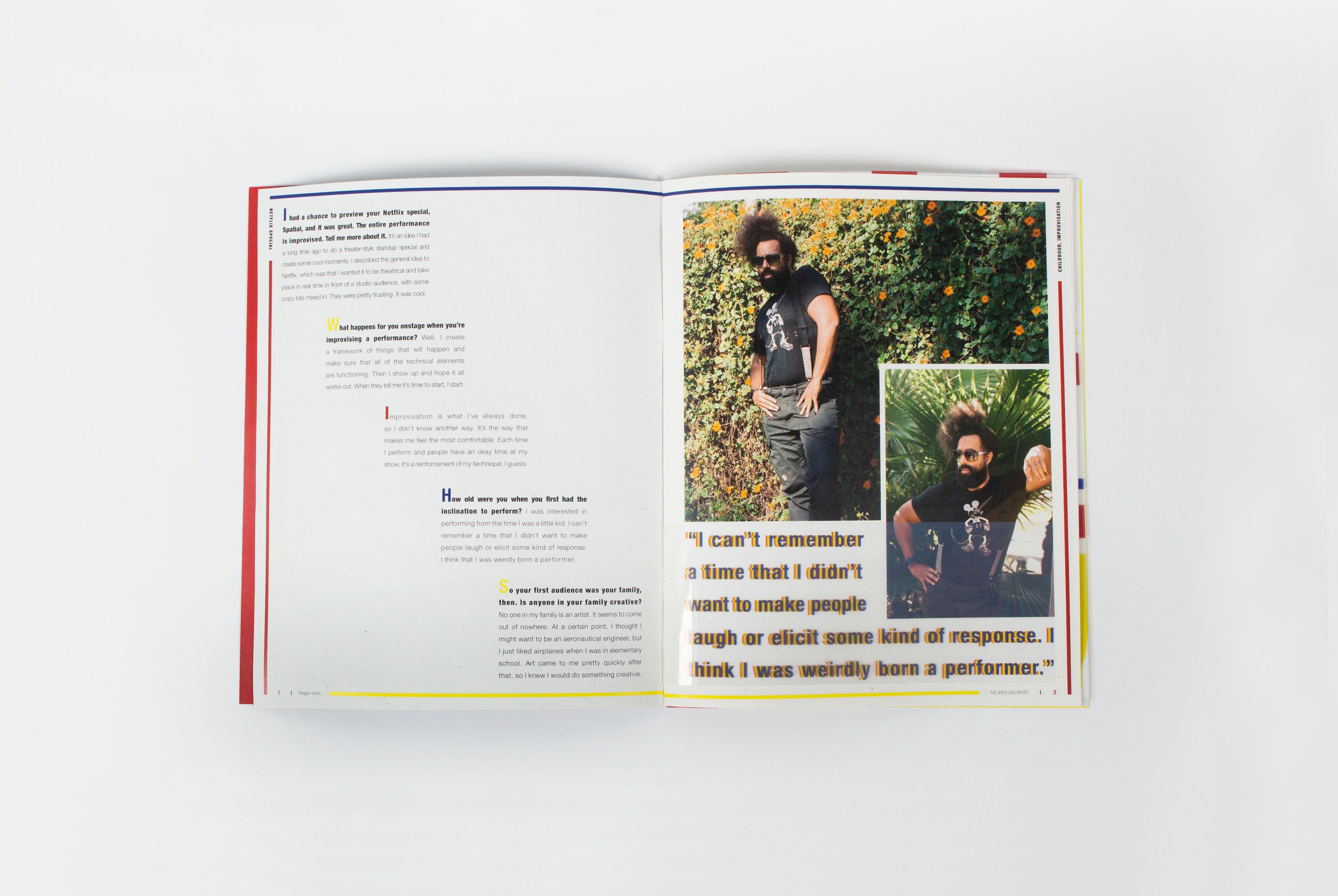 The same spread flat: a column of interview text on the left, three stacked photographs of Watts on the right beside the quote