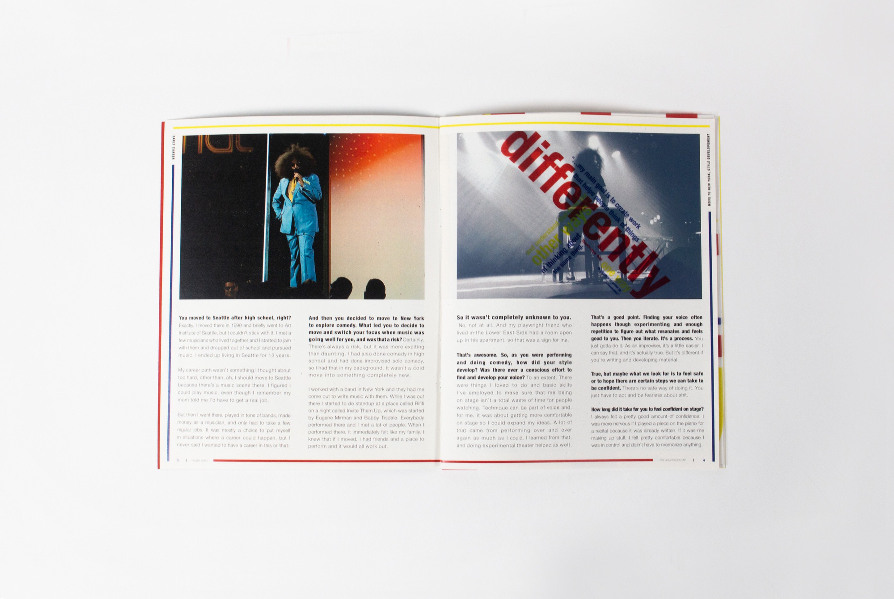 A spread with two stage photographs of Watts performing, the transparent overlay laid flat so its type sits over both images