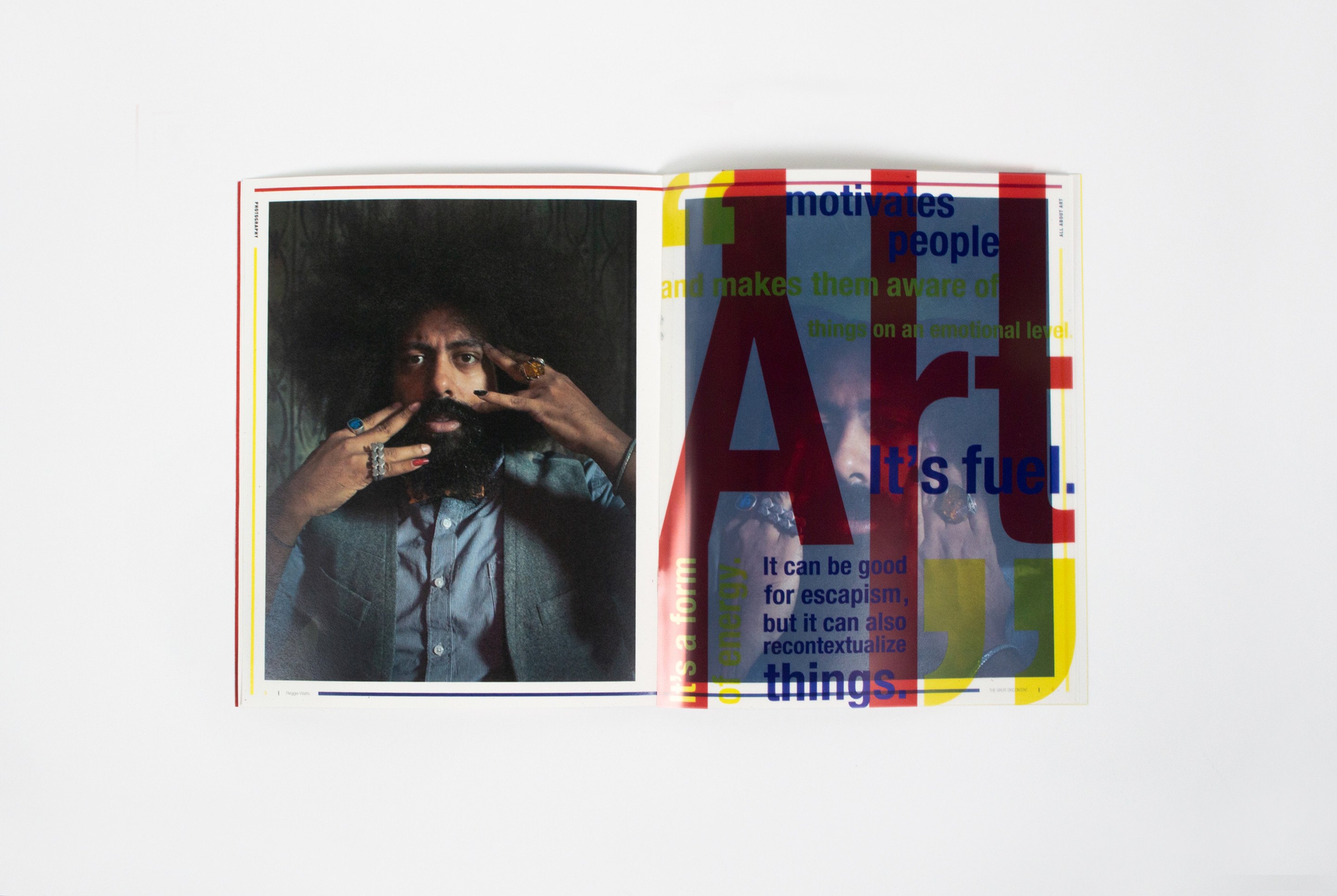 A spread with the word “Art” set very large in red over a photograph of Watts holding a camera to his face