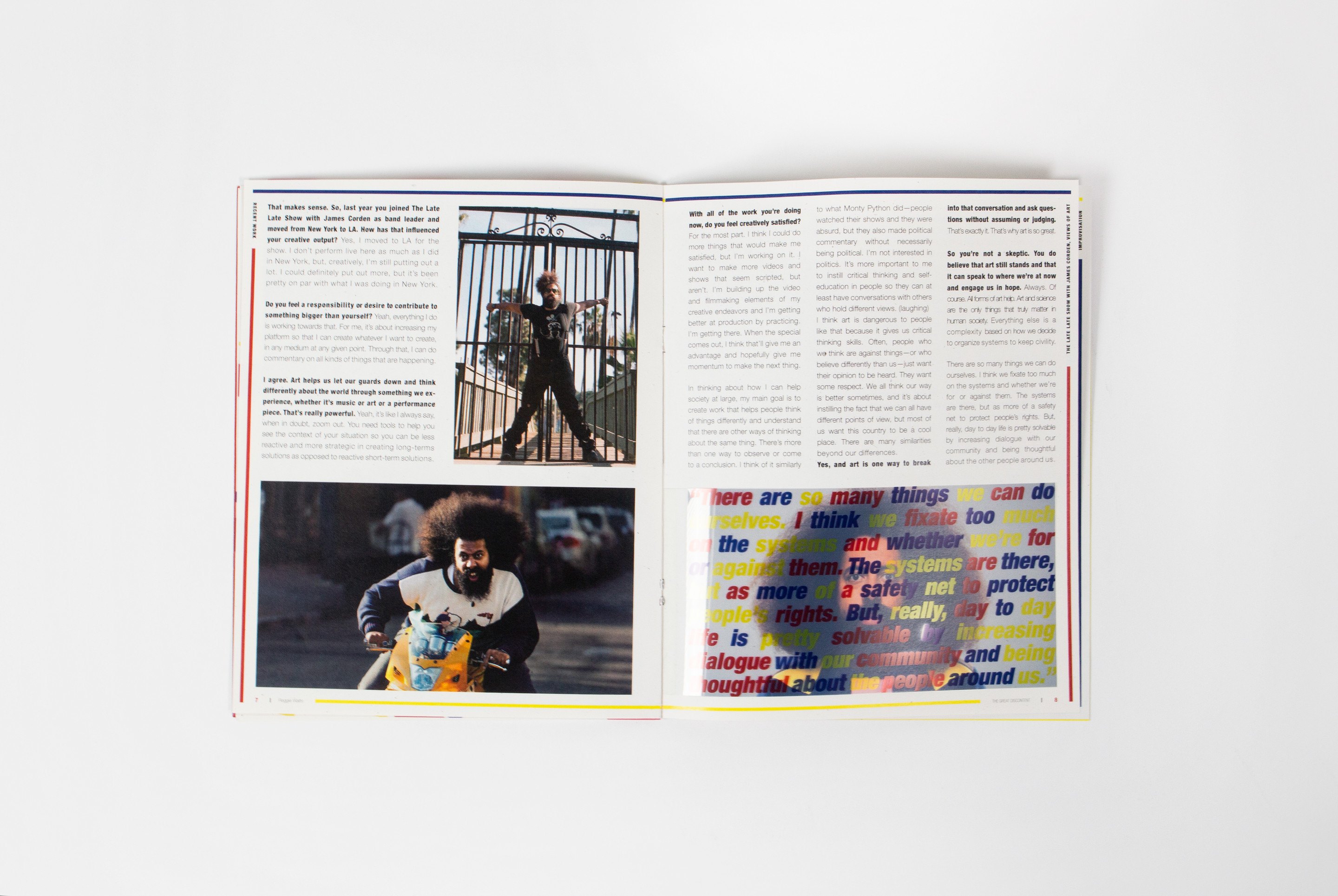 A quieter spread, two columns of text beside a photograph of Watts on a fire escape, a small block of overlaid type at the fold