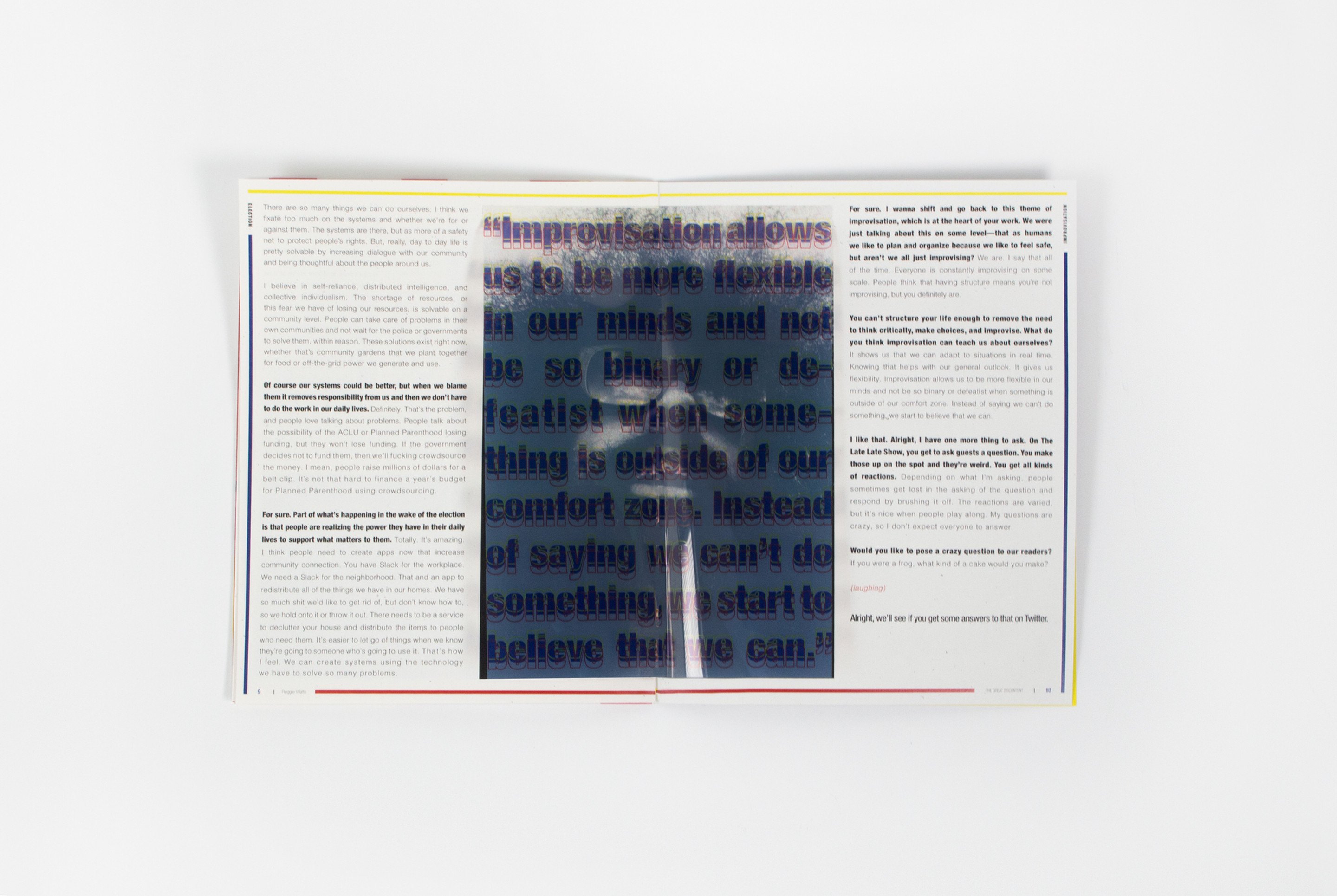 A pull-quote spread: “Improvisation allows you to be more flexible in our minds”, set very large across the left-hand page