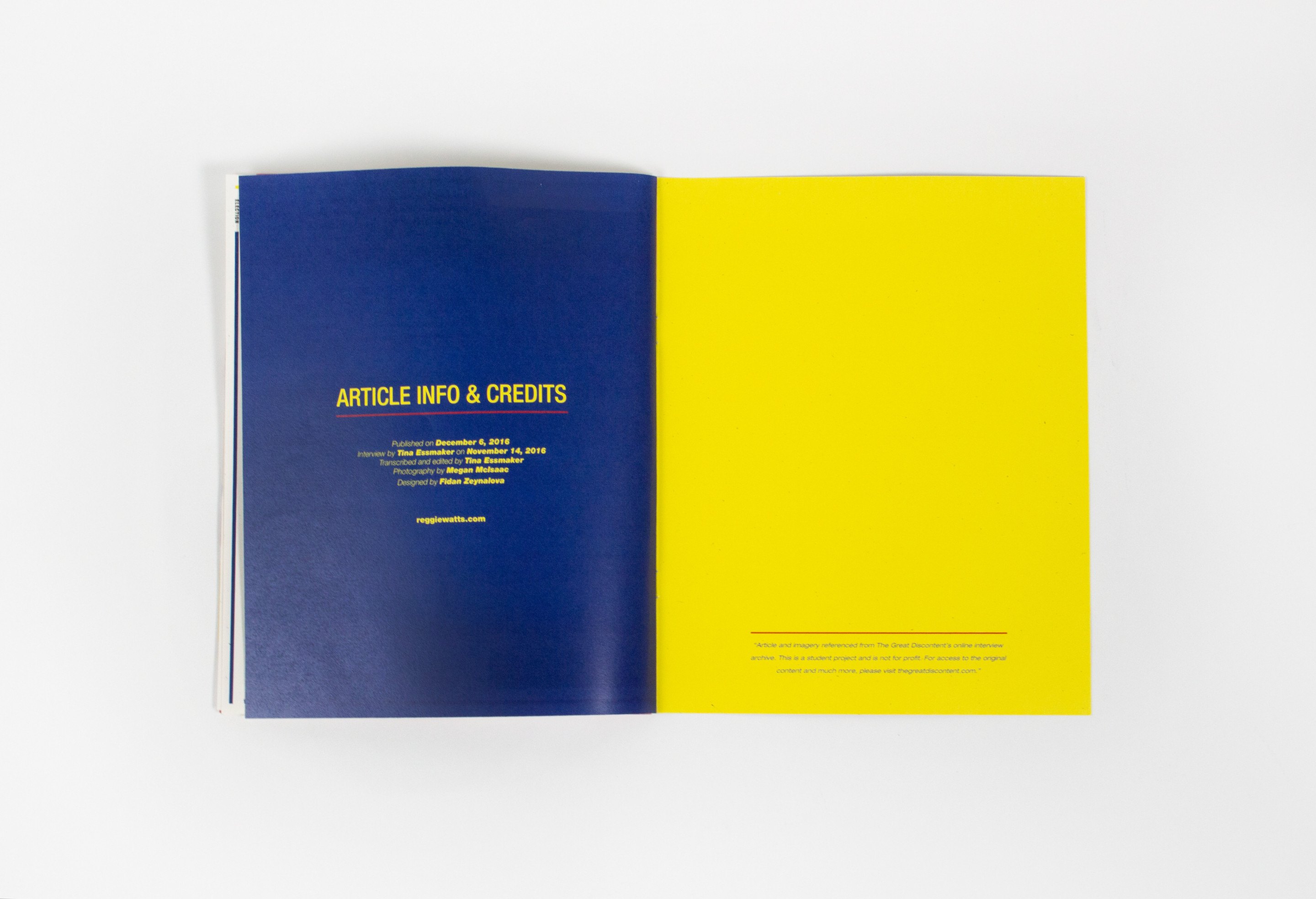 The closing spread: a flat blue page carrying the article info and credits facing a flat yellow page