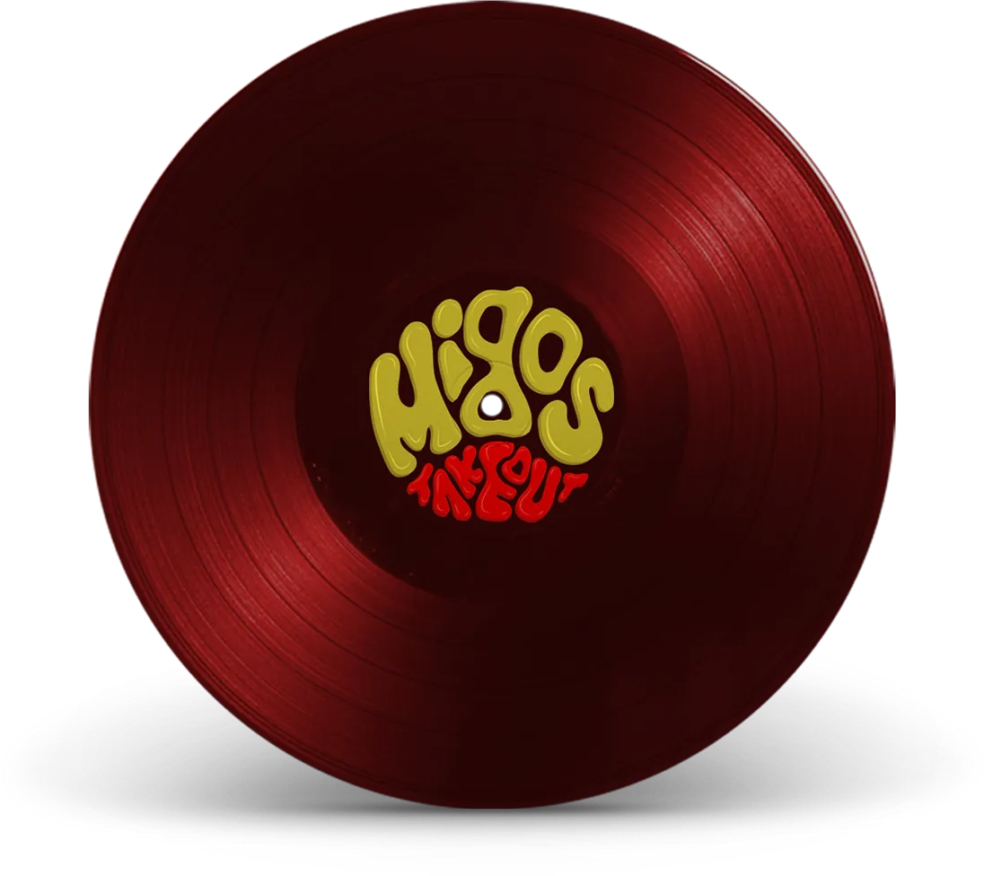 A deep red vinyl record lying flat, the Migos Takeout logo on its label in yellow and red