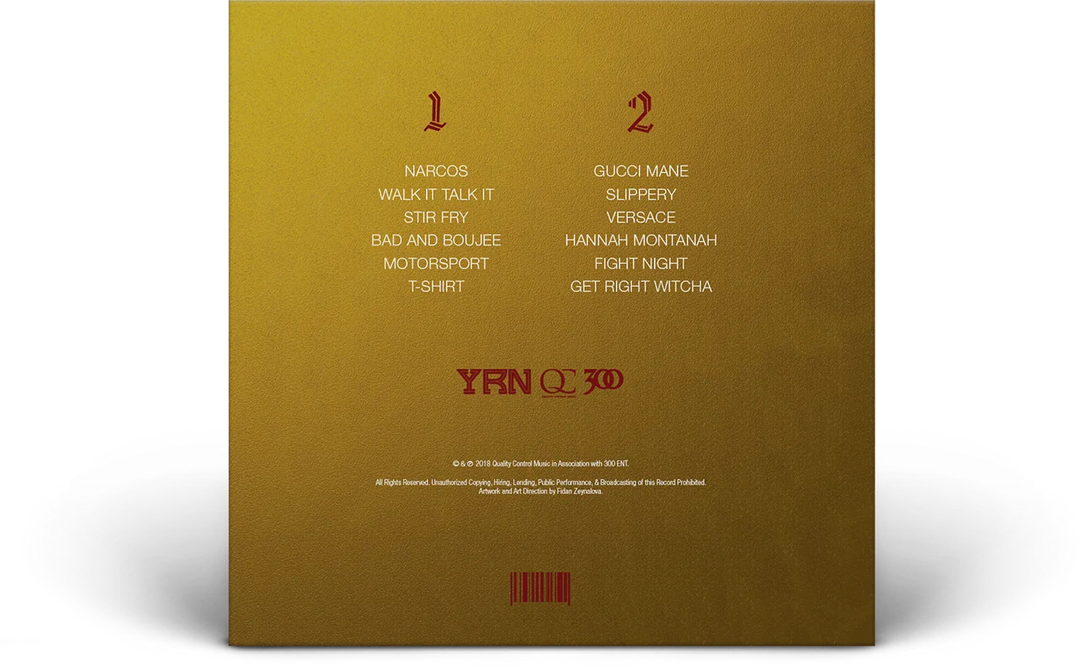The back of the sleeve in gold: the tracklist set in two numbered columns, the label mark below it and TAKEOUT stamped in red along the bottom edge