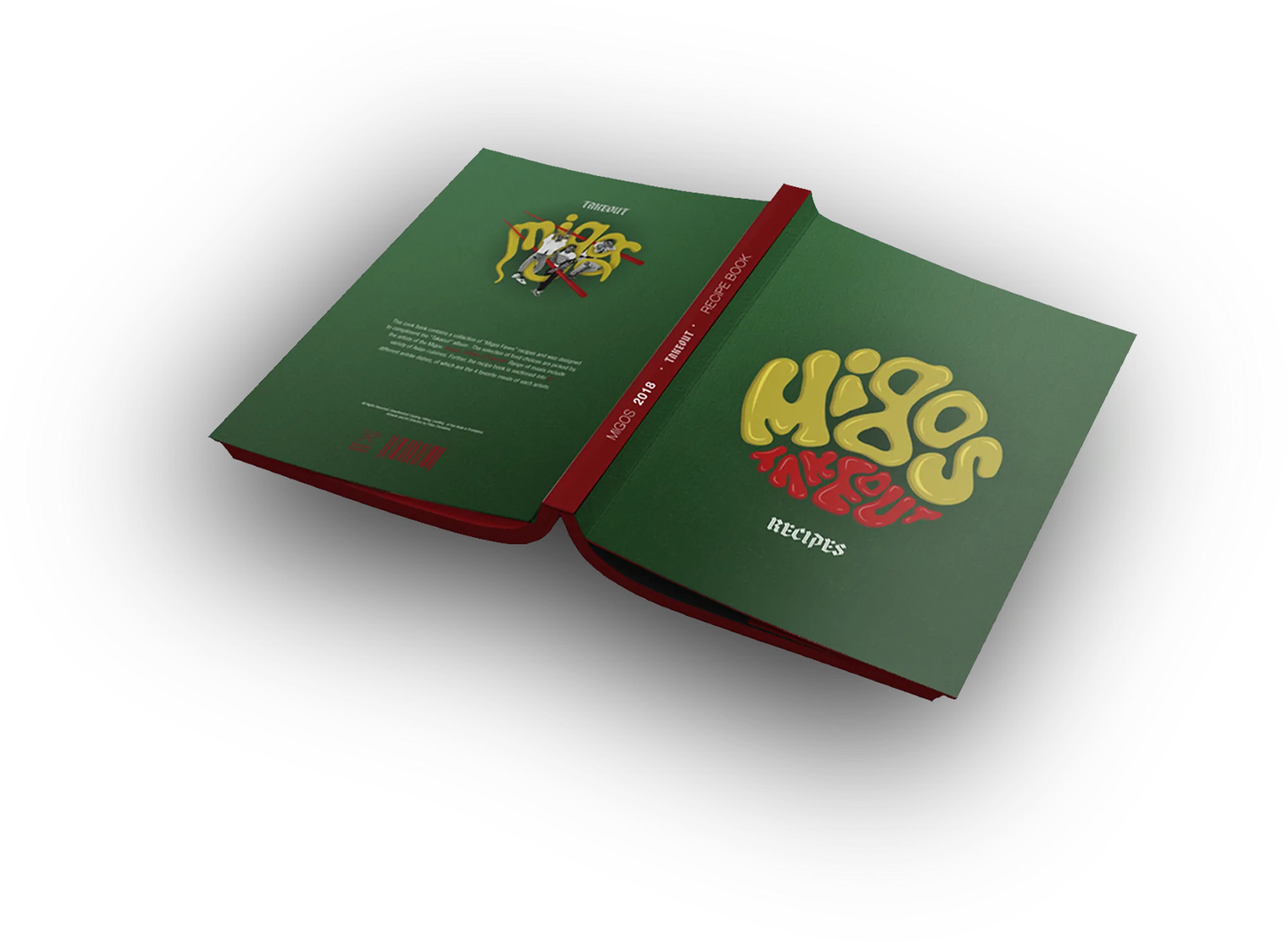 The recipe book, one copy face down showing its green cover with the logo and RECIPES under it, the other propped open beside it