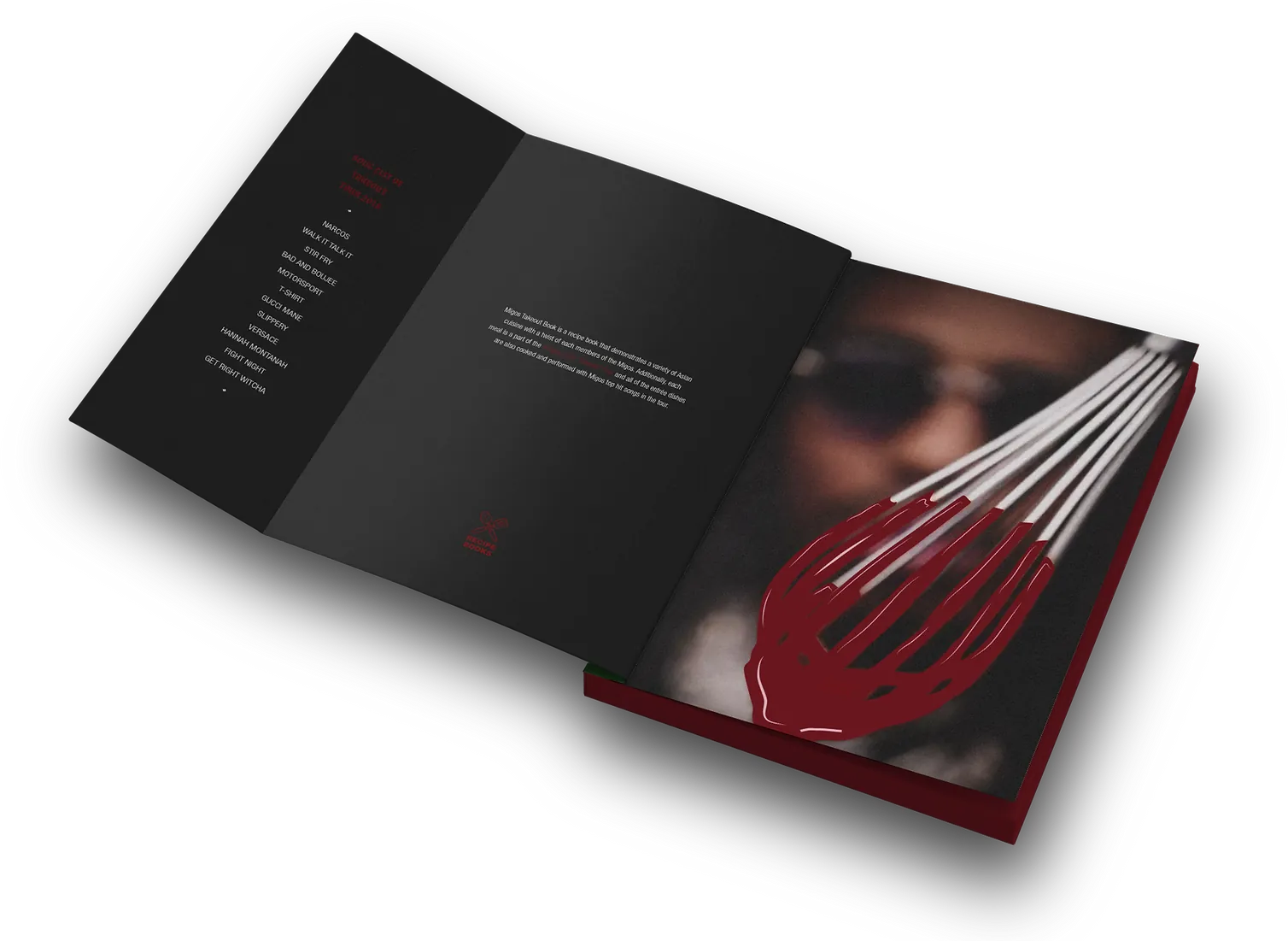 The same inside cover in its folded state, the black panel of type facing the whisk photograph