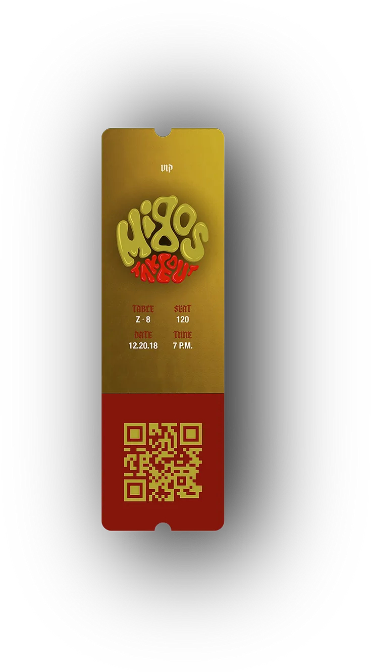 The VIP ticket: a gold upper half carrying the logo, the row and seat, the price and the date 12.20.18 at 7 P.M., over a red lower half with a QR code