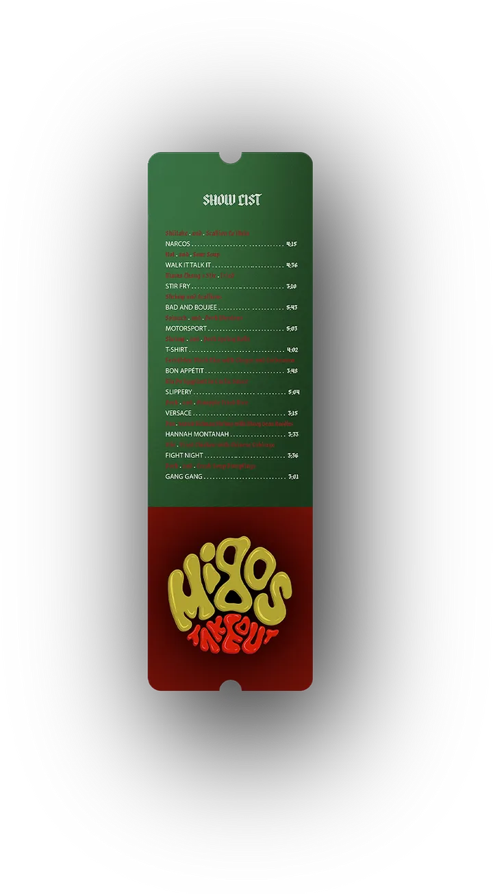 The green menu ticket: SHOW LIST down the middle with each song priced beside it, over a red panel carrying the logo