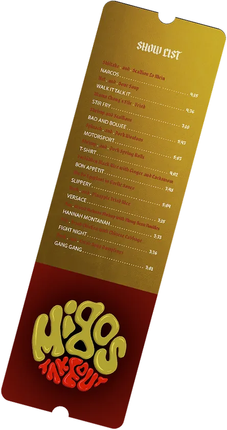 The gold menu ticket, the same show list priced item by item, over a red panel with the logo in yellow