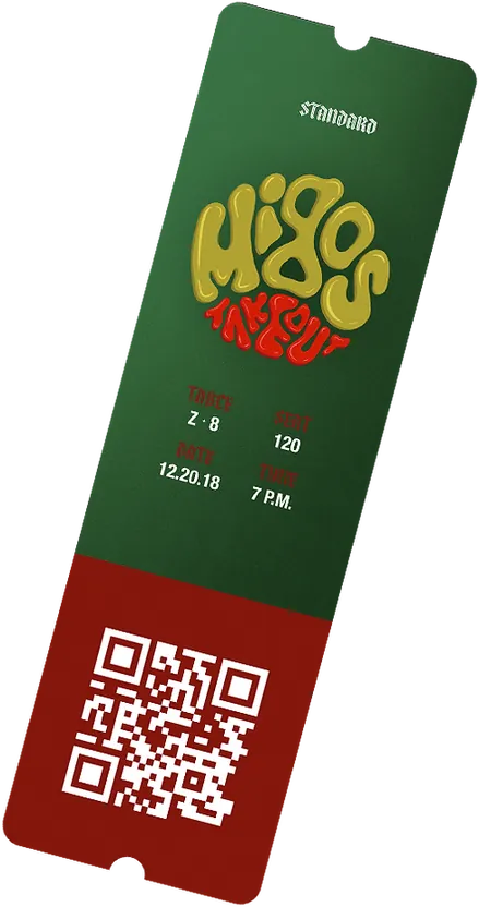 The standard ticket in green: STANDARD at the top, the logo, the row and seat, the price and the date, over a white QR code on red