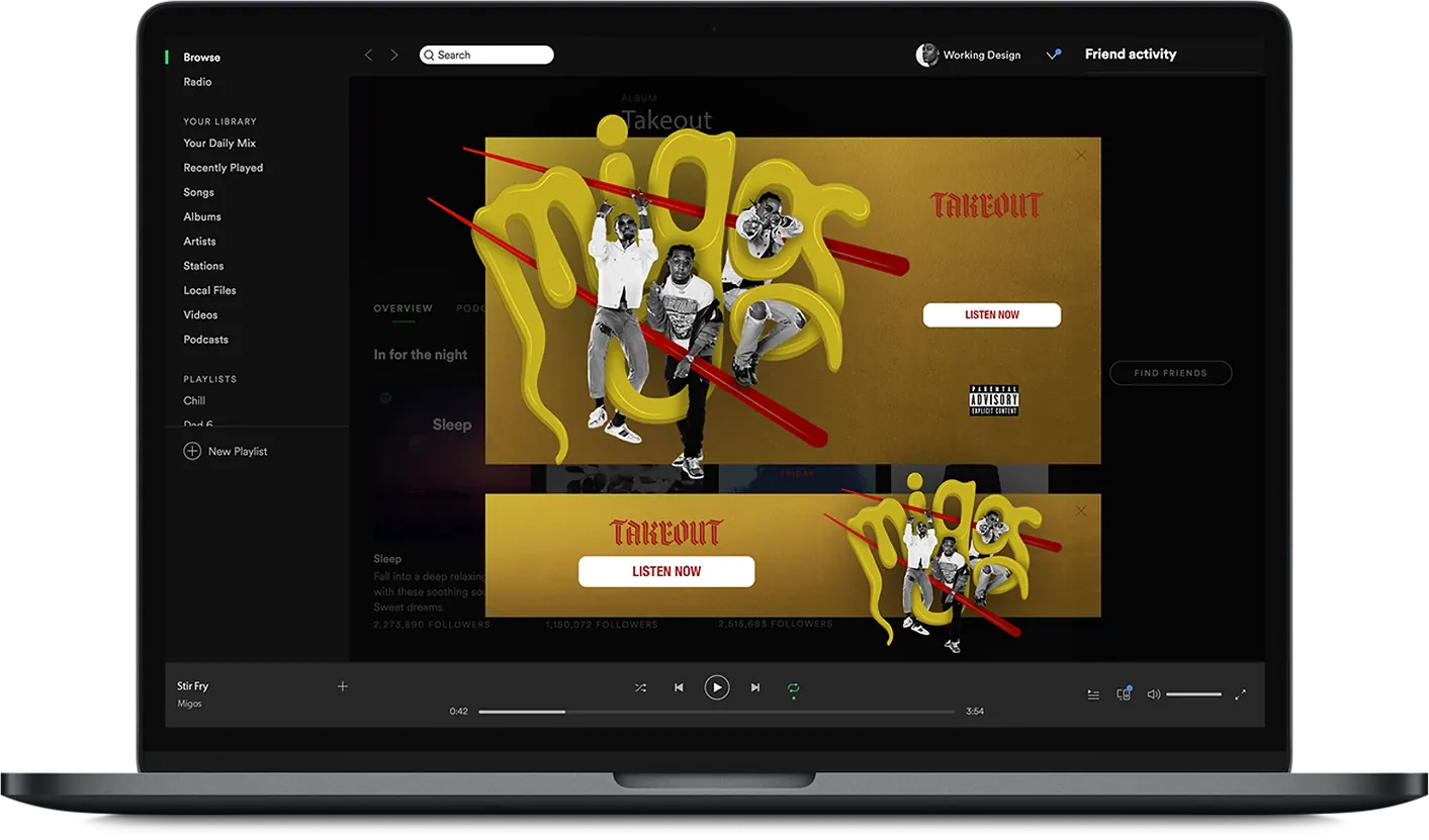 The online ad on a laptop: a music streaming page in dark grey with the gold Takeout artwork and the three of them across a banner, a LISTEN NOW button beneath it