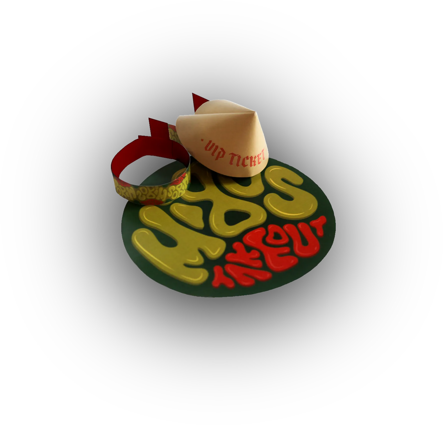 The wristband coiled inside a fortune cookie case: a folded card reading VIP TICKET standing in the middle of a green plate, with the logo lettered large across it in yellow and red