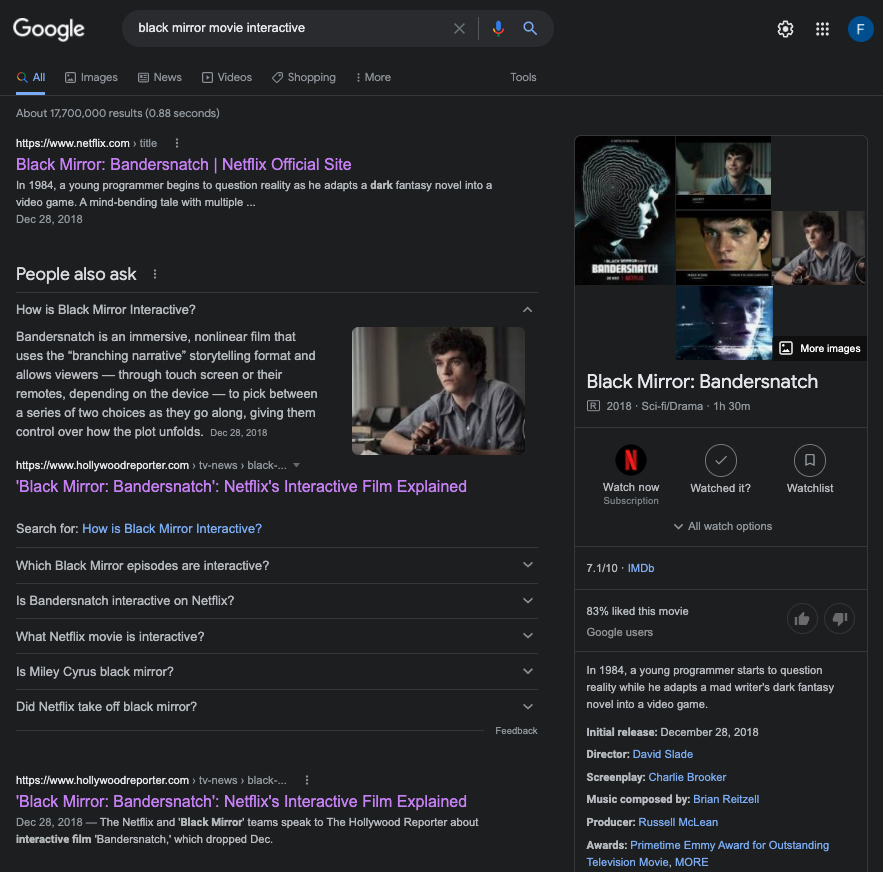 A Google search for "black mirror movie interactive"