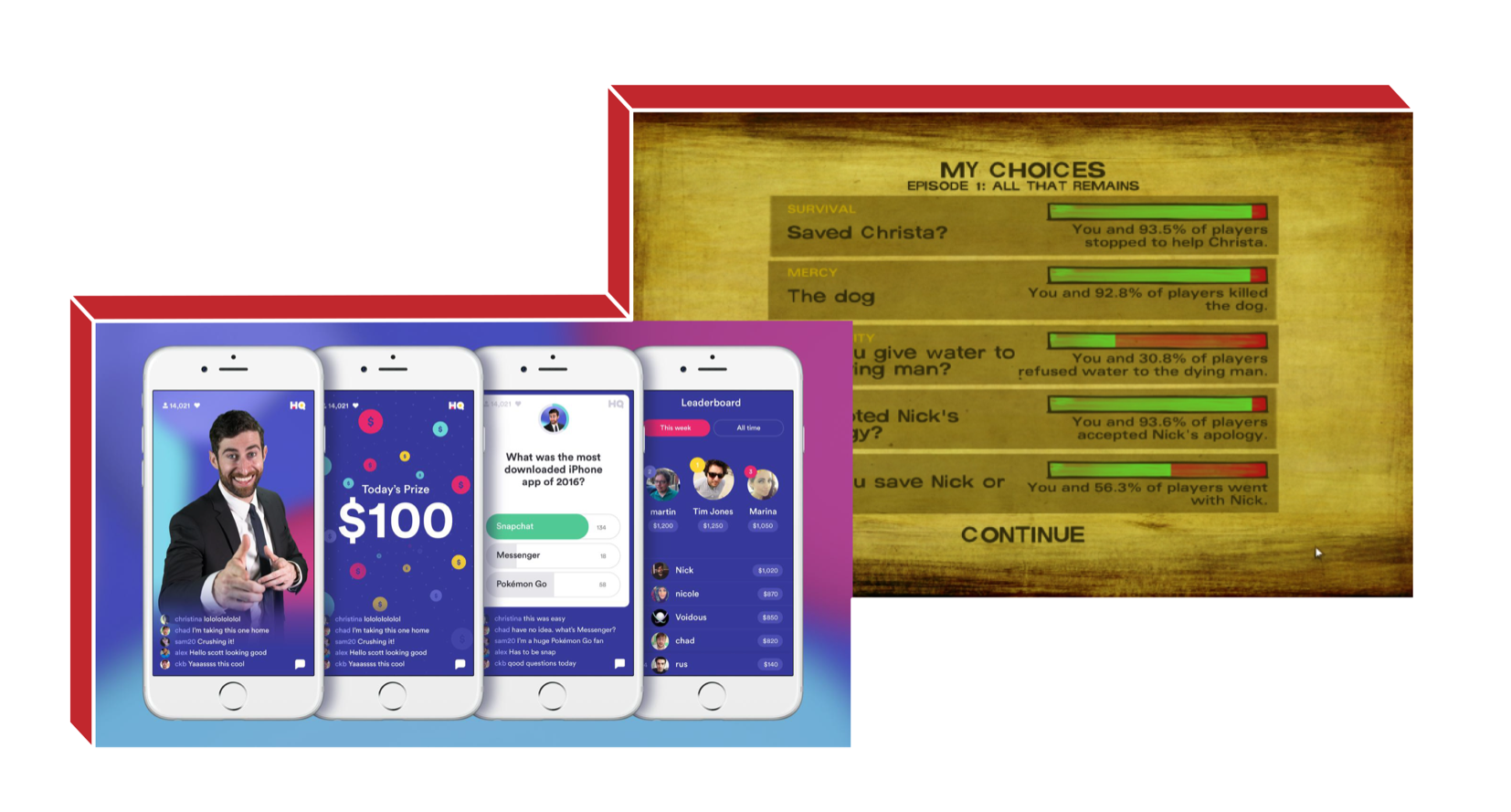 HQ Trivia, a Telltale Games results screen, and The Social Dilemma