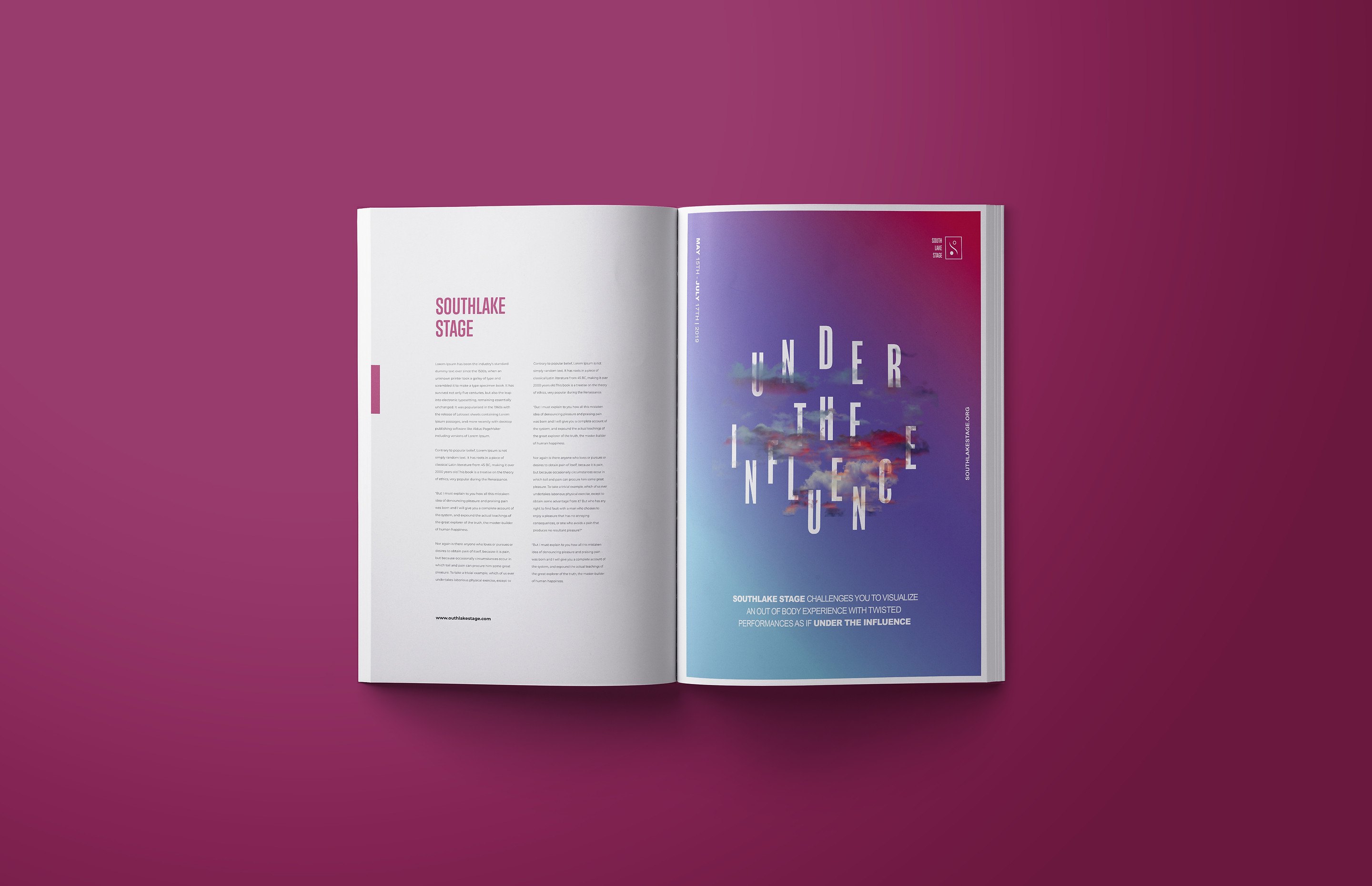 The magazine advertisement as a printed spread on a magenta ground, a column of copy on the left facing the gradient artwork and the stepped title on the right