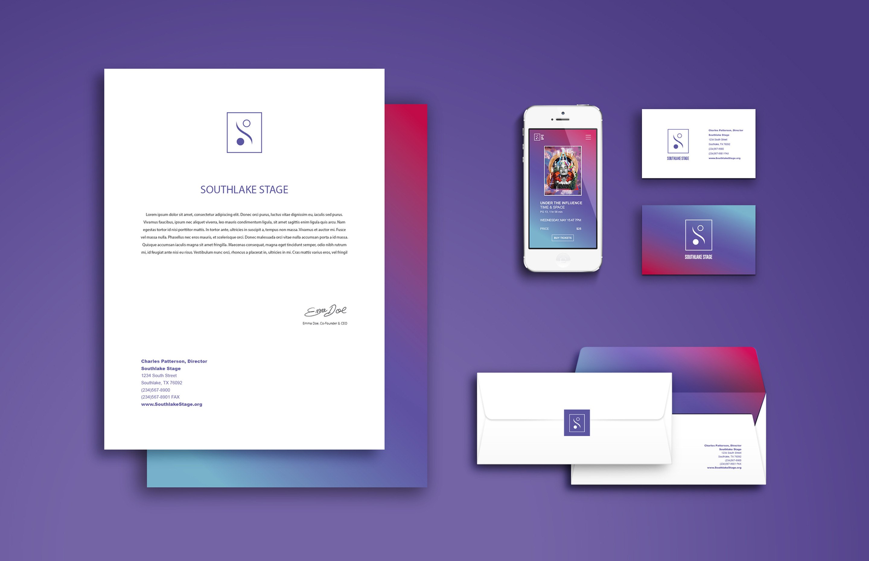 The stationery set on a violet gradient: a letterhead with the two-sphere logo, business cards, a compliments slip and the app running on a phone