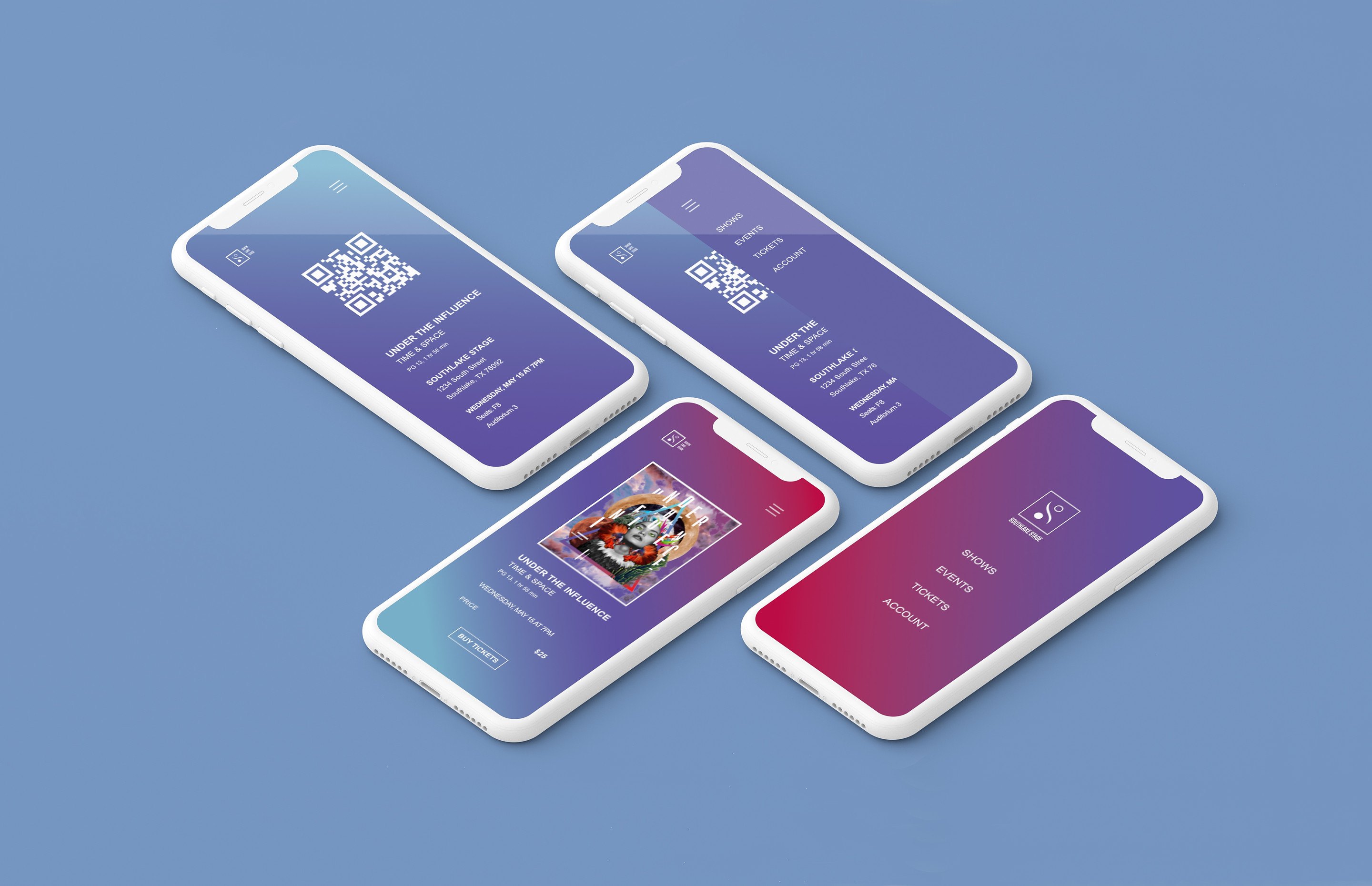 Four phone screens laid out on pale blue showing the ticketing flow, a QR code, a seat map and the show artwork on a magenta-to-violet gradient