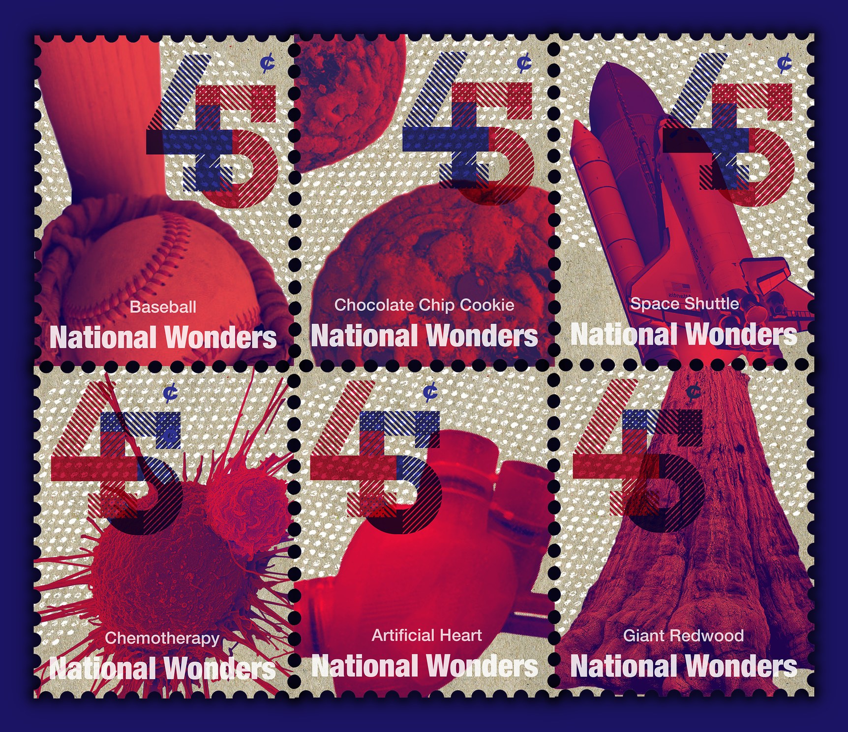 Six National Wonders postal stamps in a three-by-two block, perforations interlocking: a baseball, a chocolate chip cookie, a space shuttle, a cancer cell, an artificial heart and a giant redwood, each printed in red and navy over a speckled kraft ground with a large 45-cent numeral.