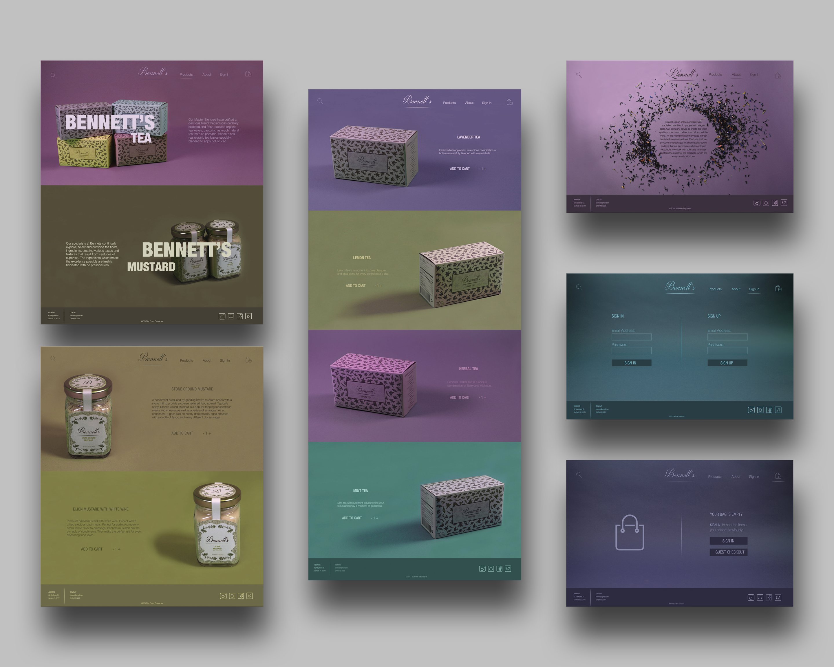 A presentation board of the Bennett’s website: a home page split between tea on plum and mustard on olive, a product page running lavender, lemon, herbal and mint as four full-width colour panels, a page of scattered tea leaves around a block of type, a sign-in screen and an empty bag screen