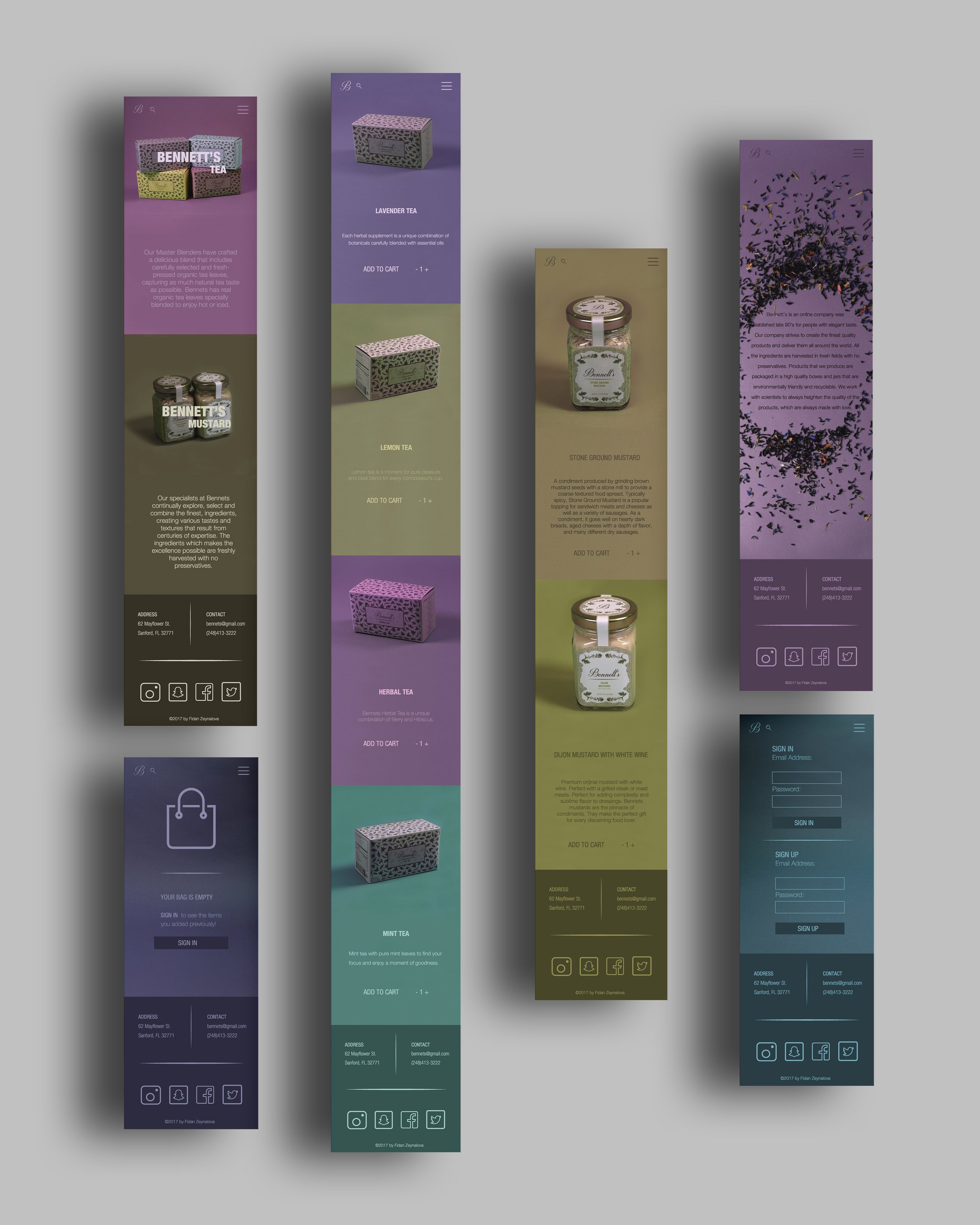 The same layout on a phone: six tall screens standing in a row, each flavour still holding its own colour top to bottom