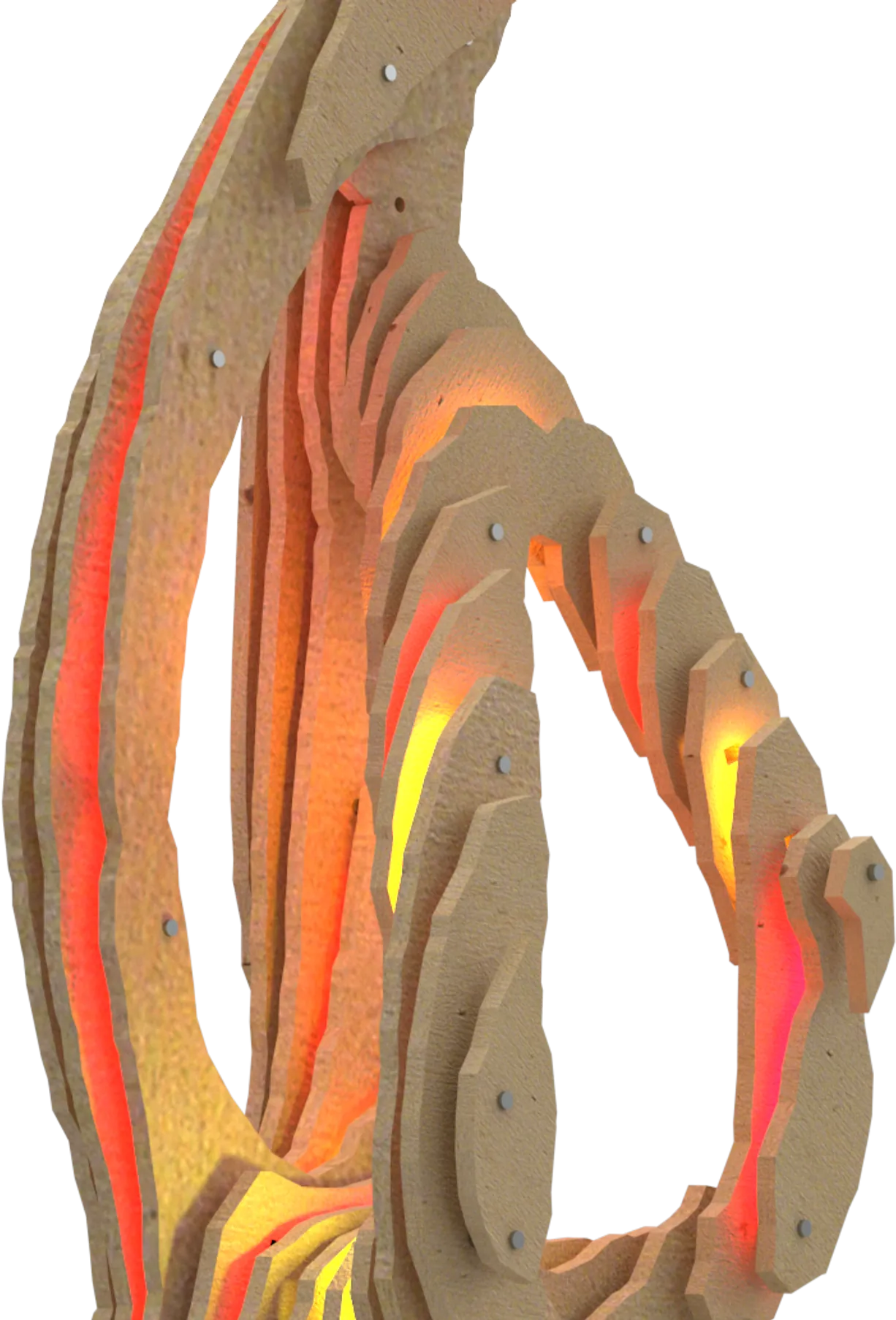 ZORA, a layered flame sculpture lit from within