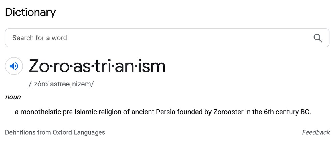 A dictionary entry for Zoroastrianism