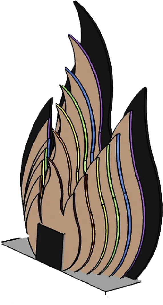 Render of the organic flame form, its layers and its LED panel called out