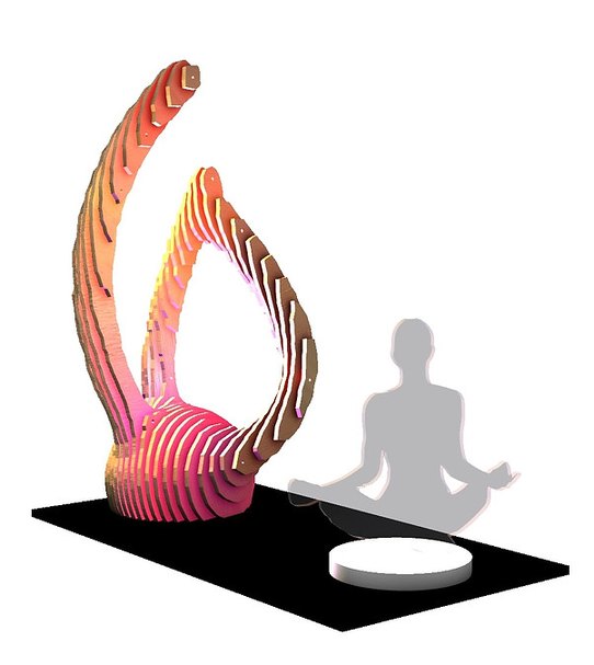 A figure meditating in front of the sculpture