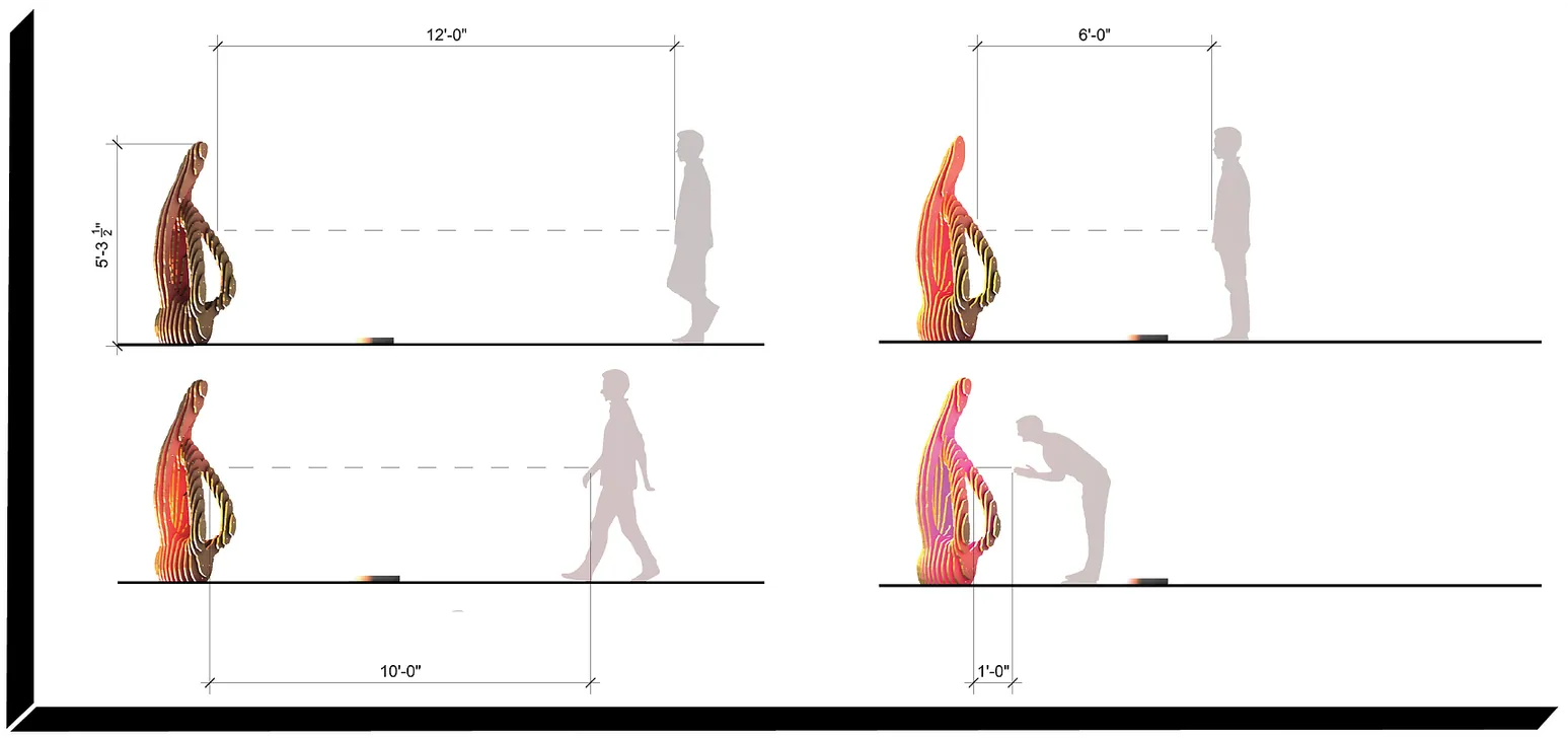 Four studies of a user approaching ZORA, with the sensing distances dimensioned